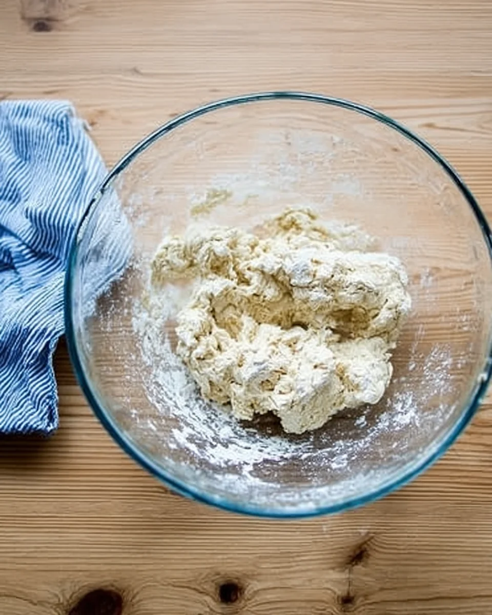 A shaggy pita bread dough in a large bowl.
