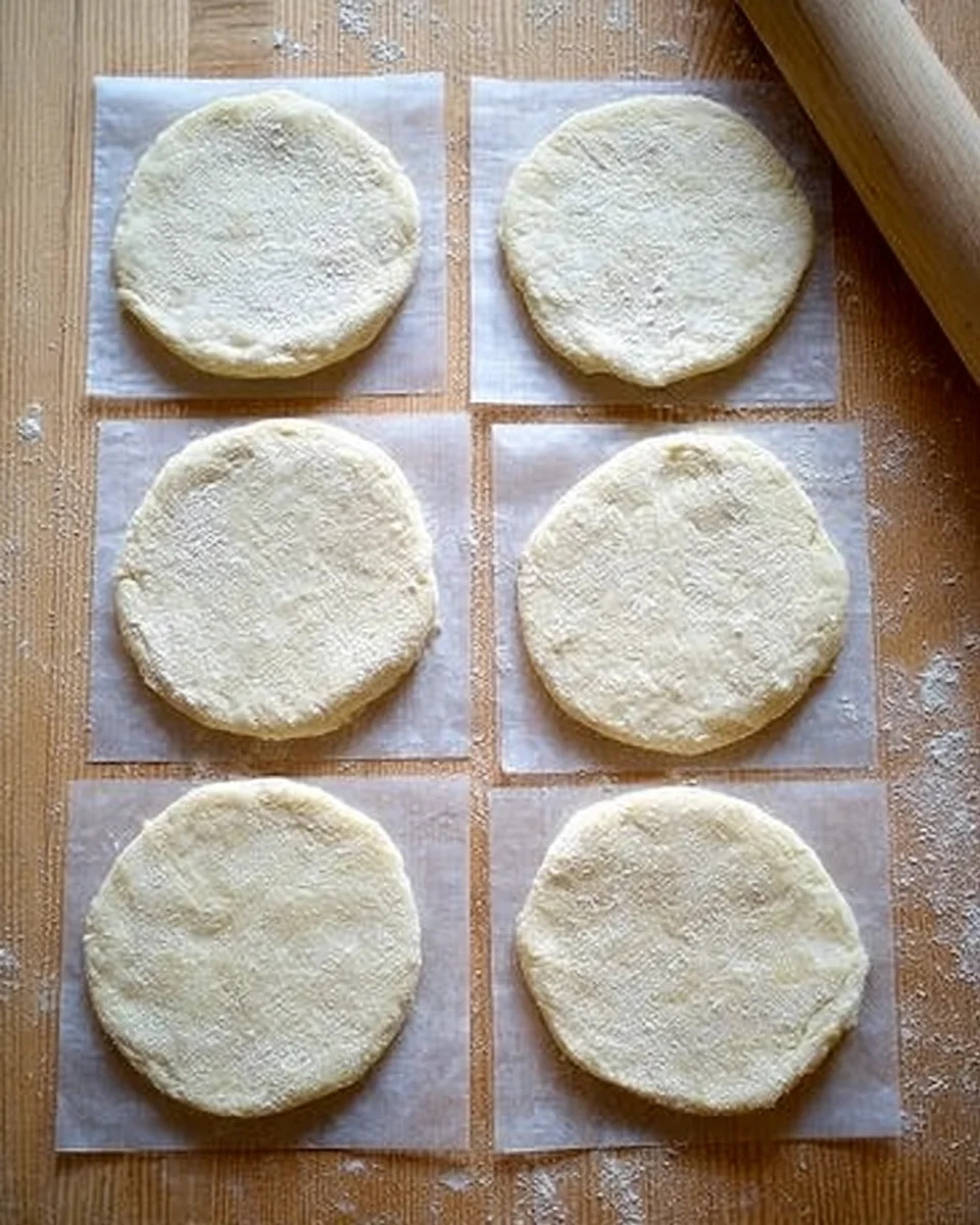 Six rounds of unbaked pita, each on a sheet of parchment paper.