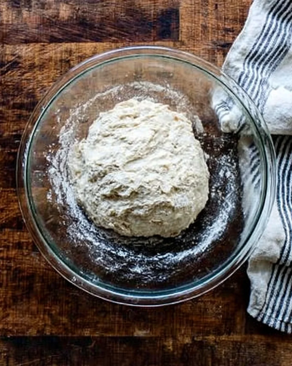 Mixed brioche dough in a bowl, ready to rise. 