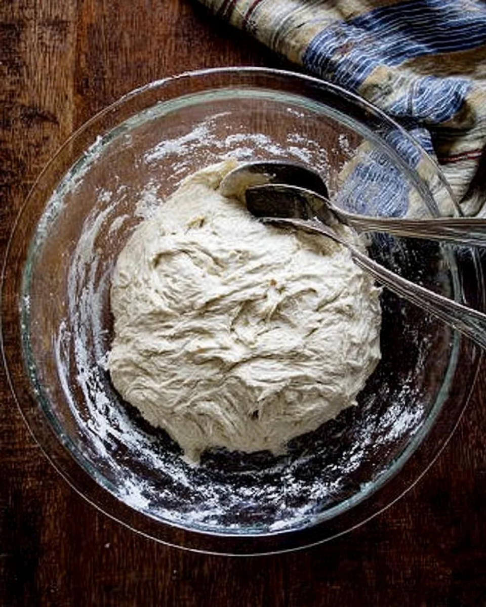 A glass bowl filled with brioche dough punched down. 