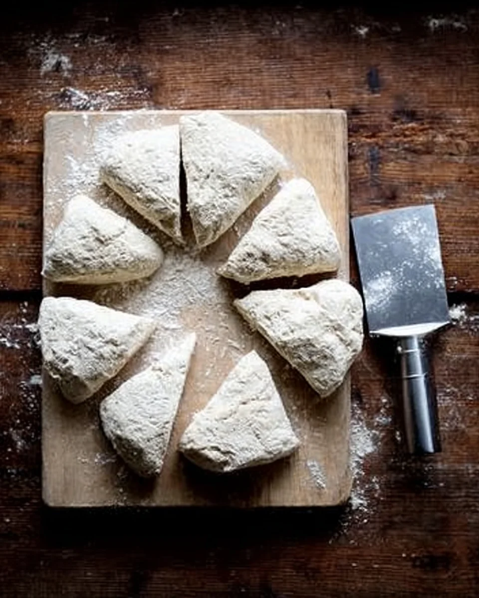 Brioche dough on a board portioned into 8 pieces. 