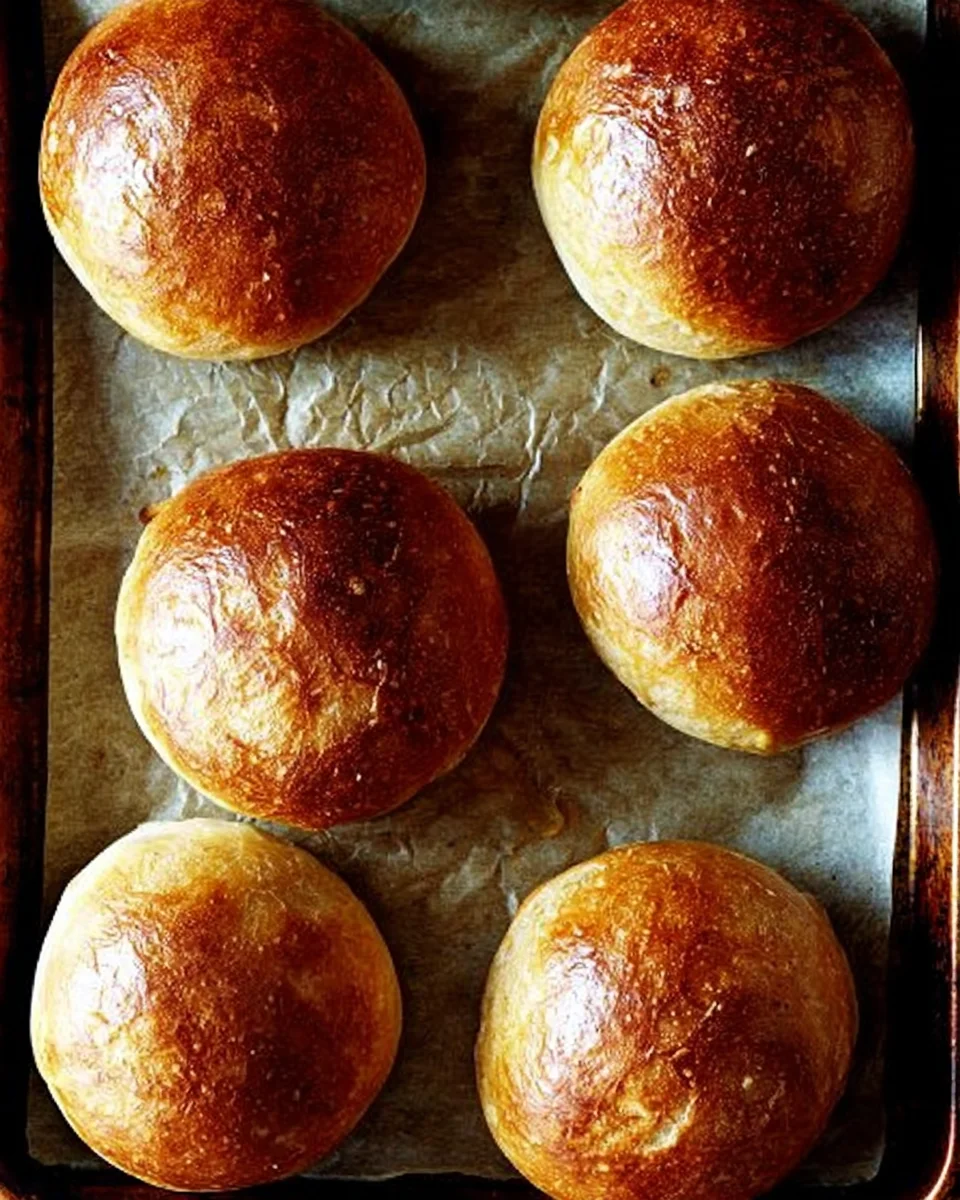 A sheet pan with freshly baked brioche buns. 