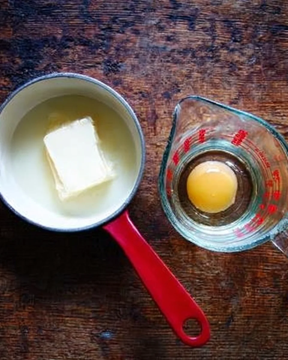 A pot with butter and milk aside a liquid measure with an egg and water.
