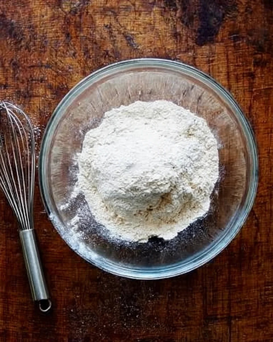 A bowl with flour, salt, sugar, and yeast aside a whisk. 