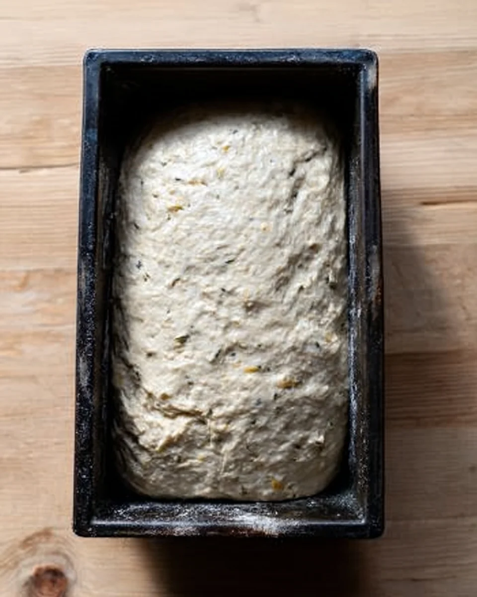 Rye dough in a loaf pan ready to rise.
