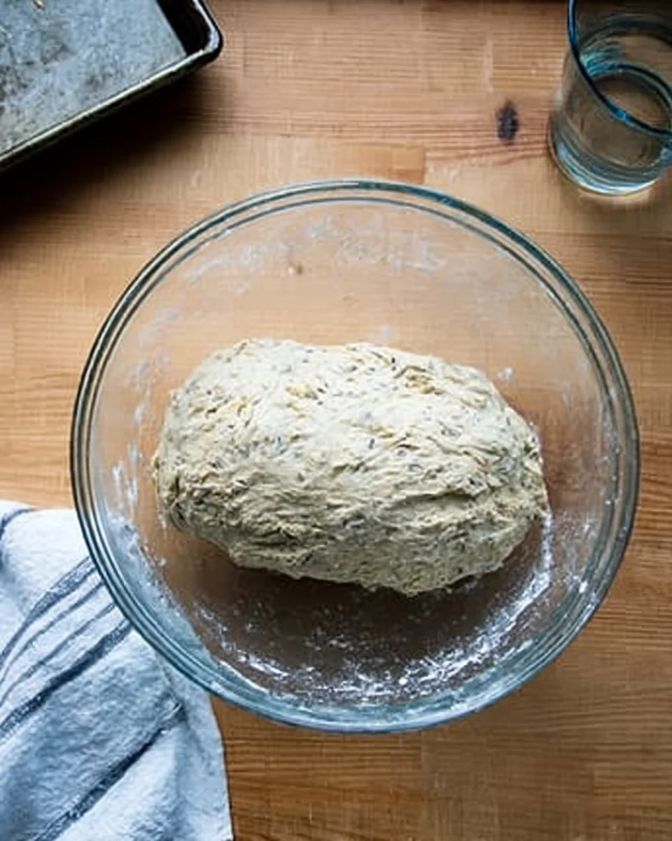 A shaped loaf of rye dough in a bowl.