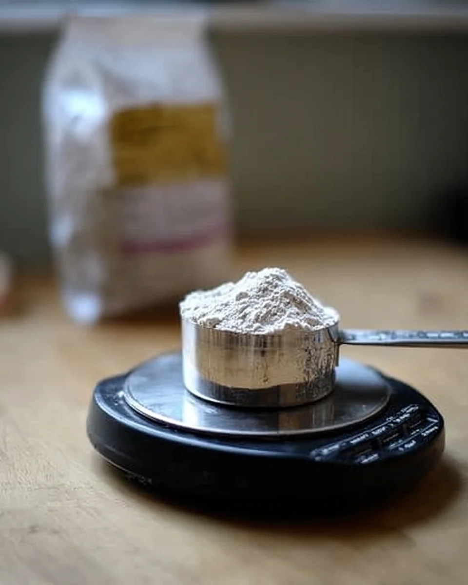 A cup of rye flour on a scale.