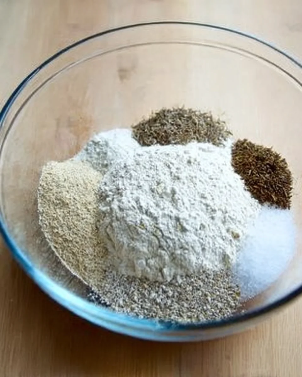 A bowl of bread flour, rye flour, caraway seeds, yeast, and salt.