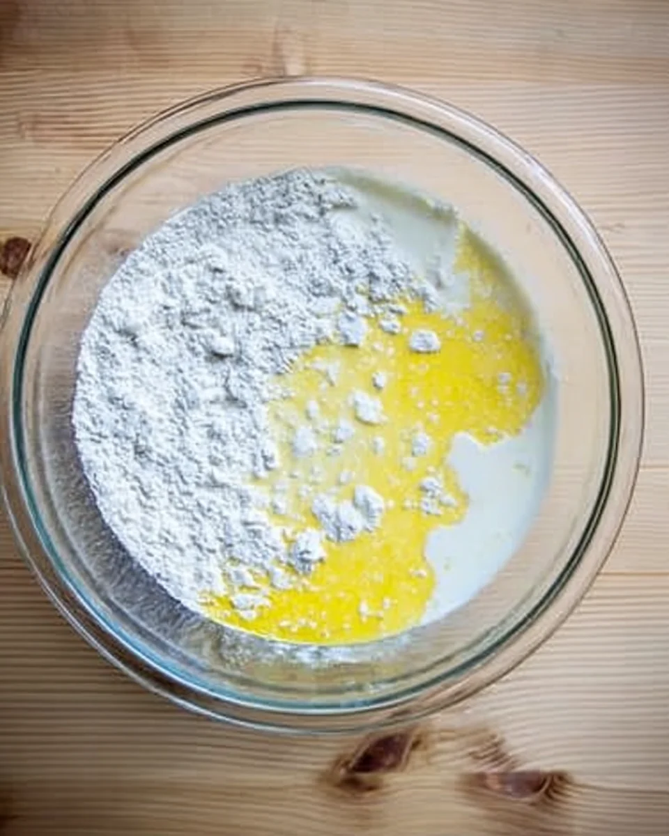 Butter and milk added to the dry ingredients to make sandwich bread in a large glass bowl.
