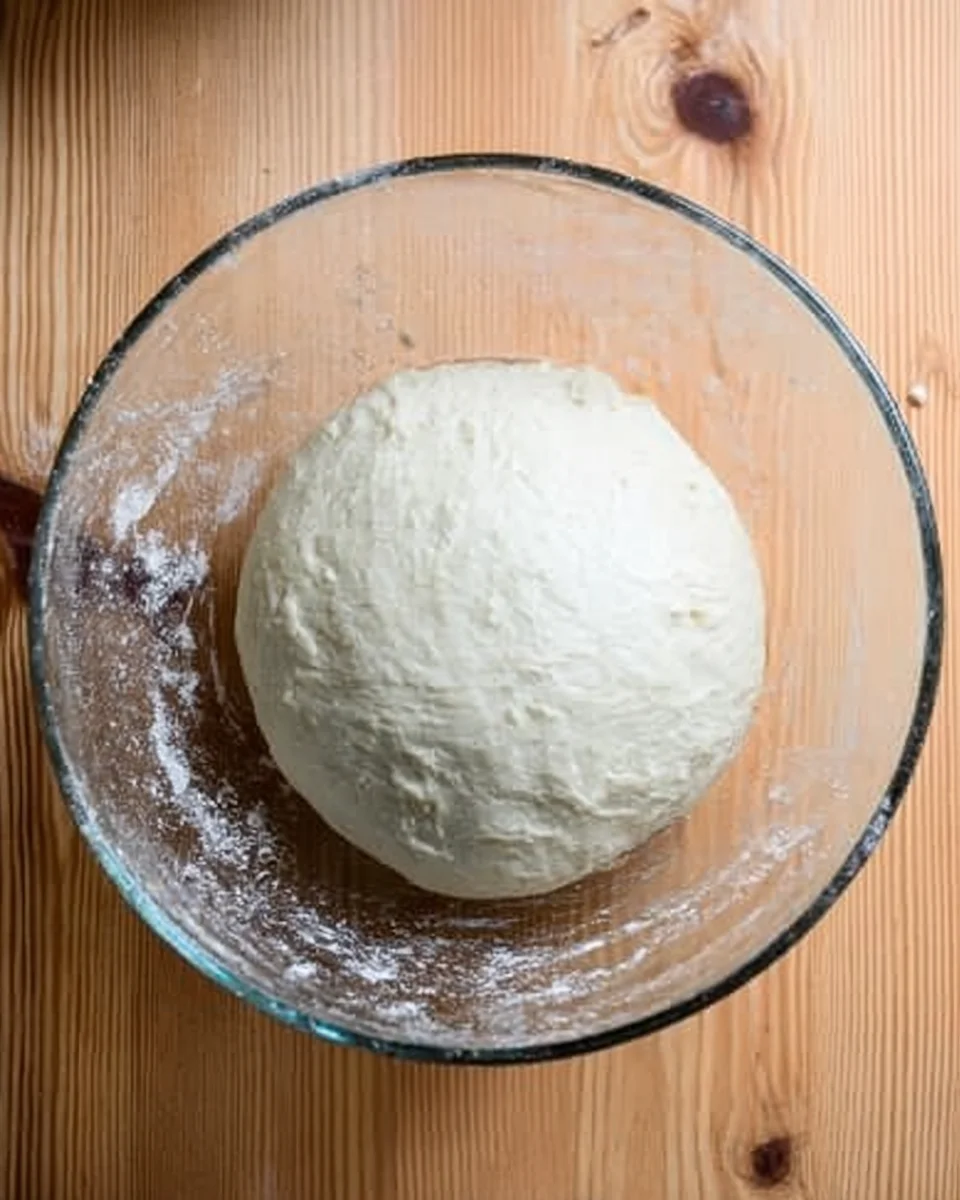 An oiled ball of soft sandwich bread in a large glass bowl.