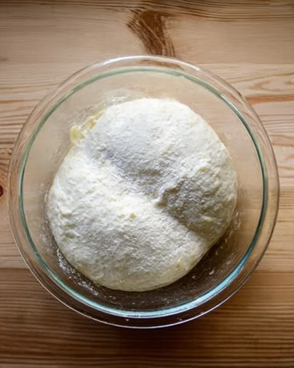 Sandwich bread dough risen in a large bowl.