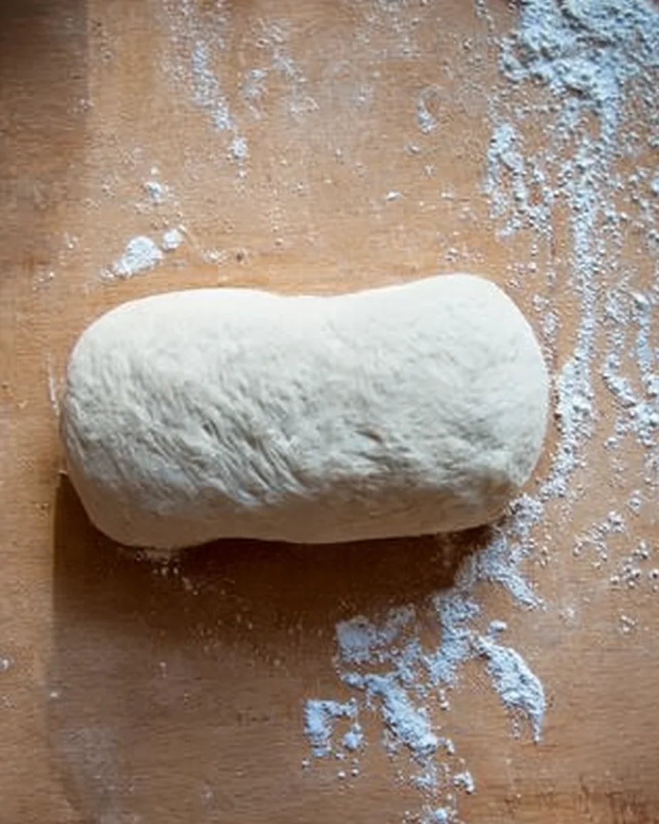 Coiled sandwich bread dough on a floured work surface.