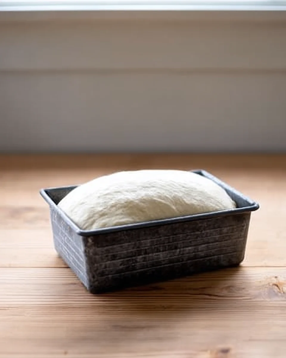 A loaf pan filled with sandwich bread dough rising and ready for the oven.