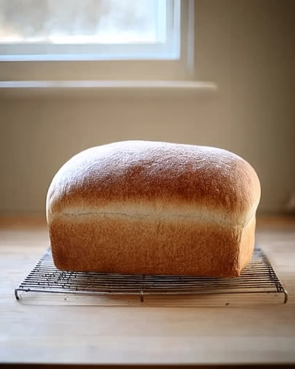 A freshly baked loaf of soft sandwich bread on a cooling rack.