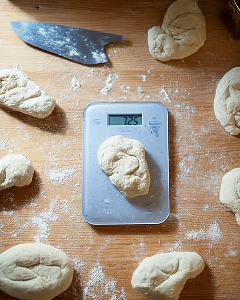 A portion of soft pretzel dough on a scale. A portion of soft pretzel dough on a scale.