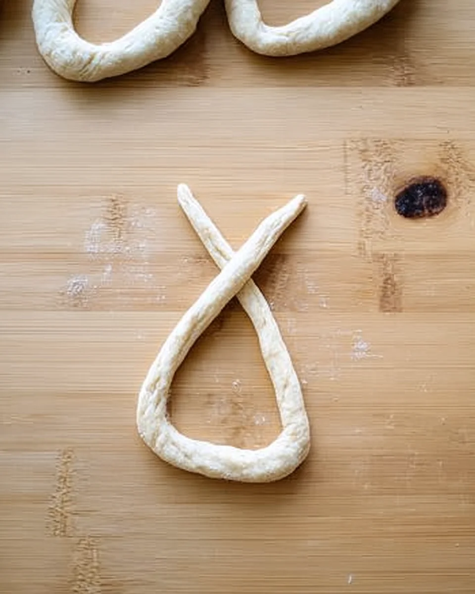 Pretzel dough partly shaped into a pretzel. Pretzel dough partly shaped into a pretzel.