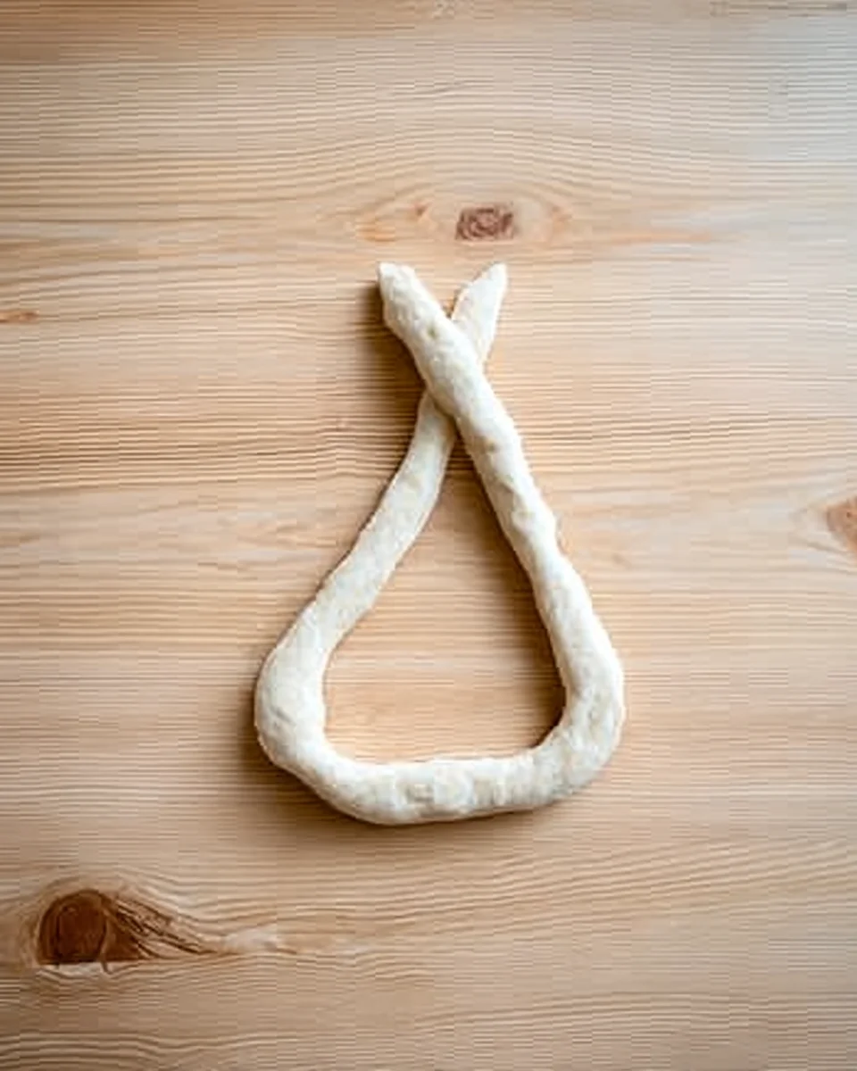 A coil of dough partway twisted into a pretzel. A coil of dough partway twisted into a pretzel.
