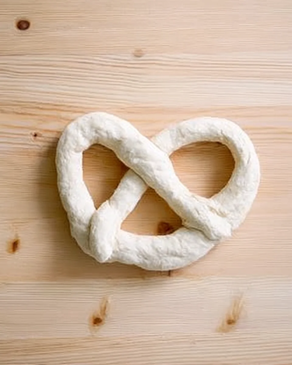 An unbaked soft pretzel on a counter top. An unbaked soft pretzel on a counter top.