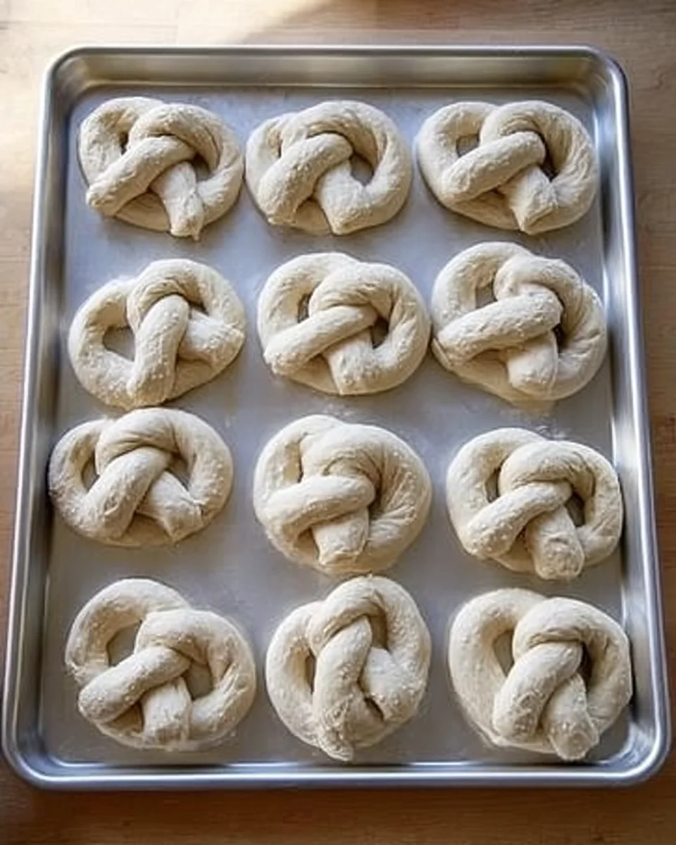 Unbaked soft pretzels on an oiled sheet pan. Unbaked soft pretzels on an oiled sheet pan.