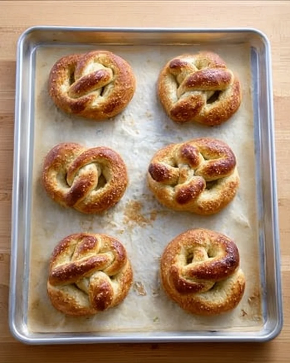 Just-baked soft pretzels on a sheet pan. Just-baked soft pretzels on a sheet pan.