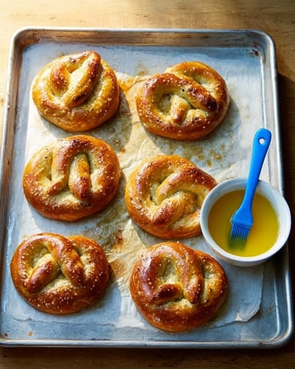 Just-baked soft pretzels on a sheet pan. Just-baked soft pretzels on a sheet pan.