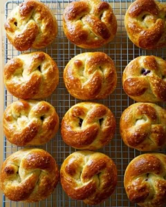 Just-baked soft pretzels on a cooling rack.