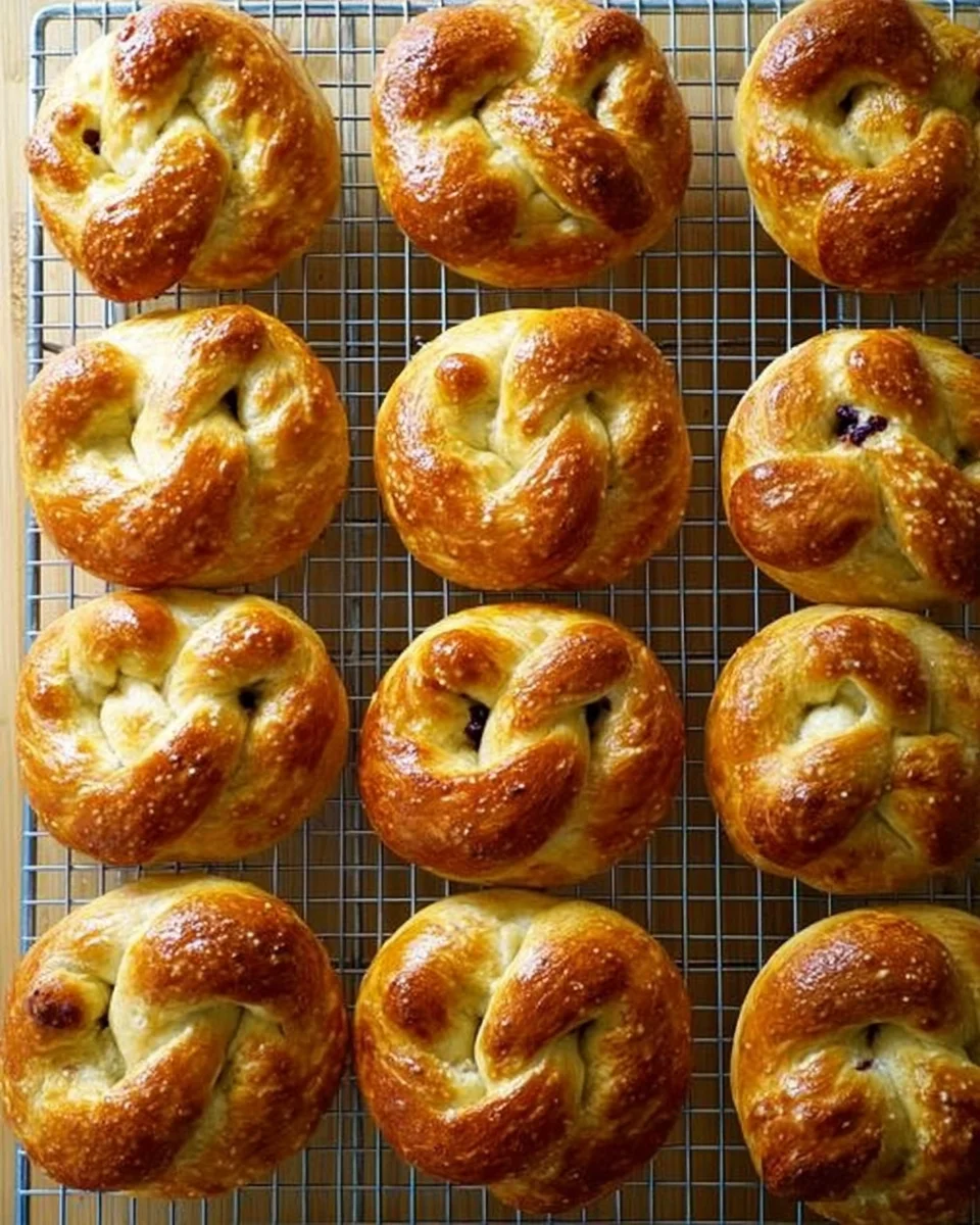 Just-baked soft pretzels on a cooling rack. Just-baked soft pretzels on a cooling rack.