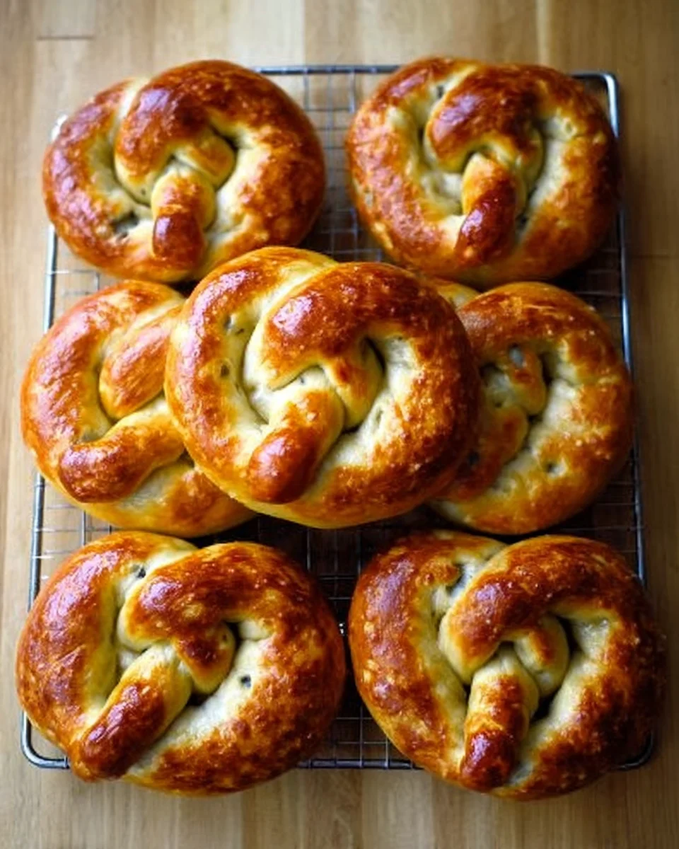 Just-baked soft pretzels on a cooling rack. Just-baked soft pretzels on a cooling rack.