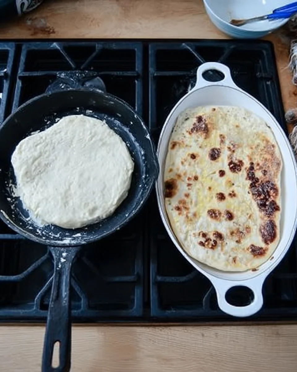 A skillet of naan aside freshly cooked naan.