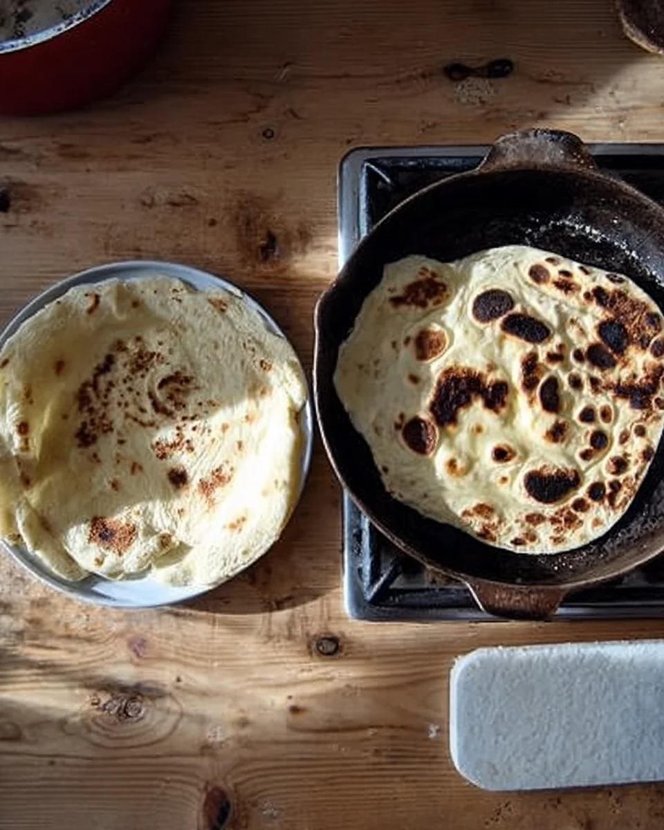 A skillet of naan being cooked aside a freshly cooked naan in a bowl.