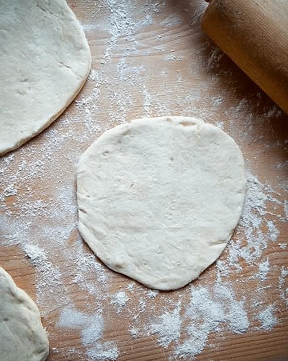 Two rounds of naan rolled out onto a floured work surface.