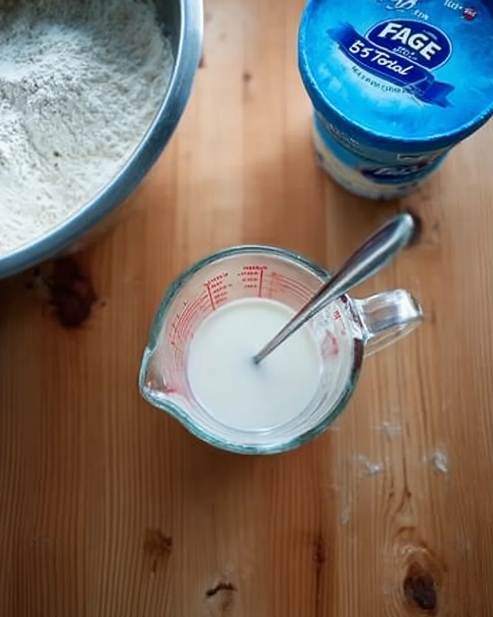 A liquid measure filled with equal parts hot water and yogurt.