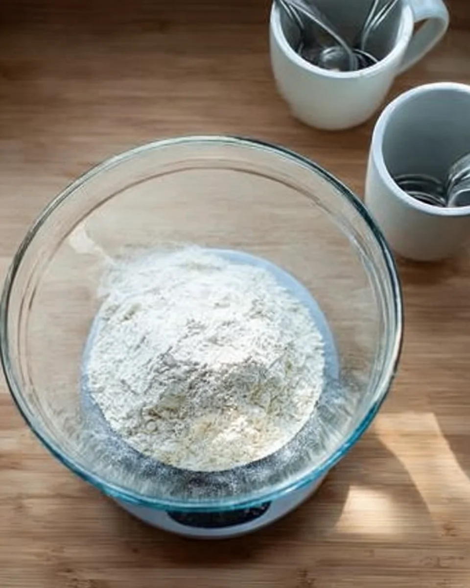 A bowl of flour beside yeast and salt.