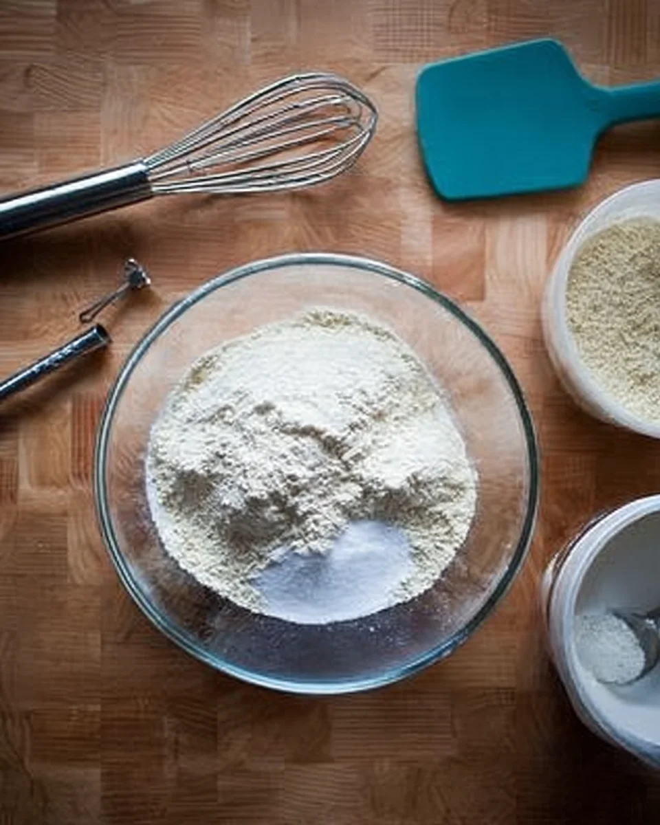 An overhead shot of a glass bowl with the dry ingredients for the buttermilk pull-apart rolls. An overhead shot of a glass bowl with the dry ingredients for the buttermilk pull-apart rolls.