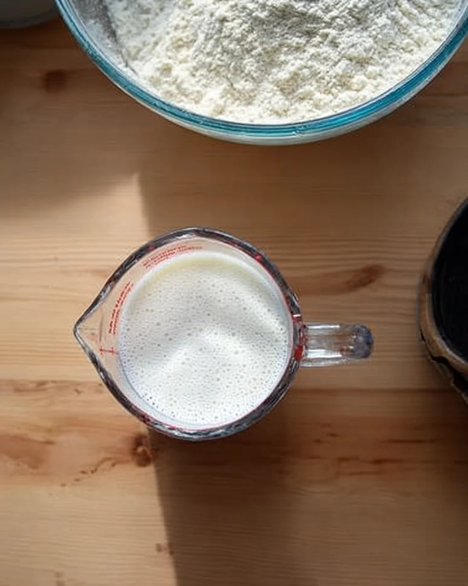 An overhead shot of a glass measure holding buttermilk and hot water. An overhead shot of a glass measure holding buttermilk and hot water.