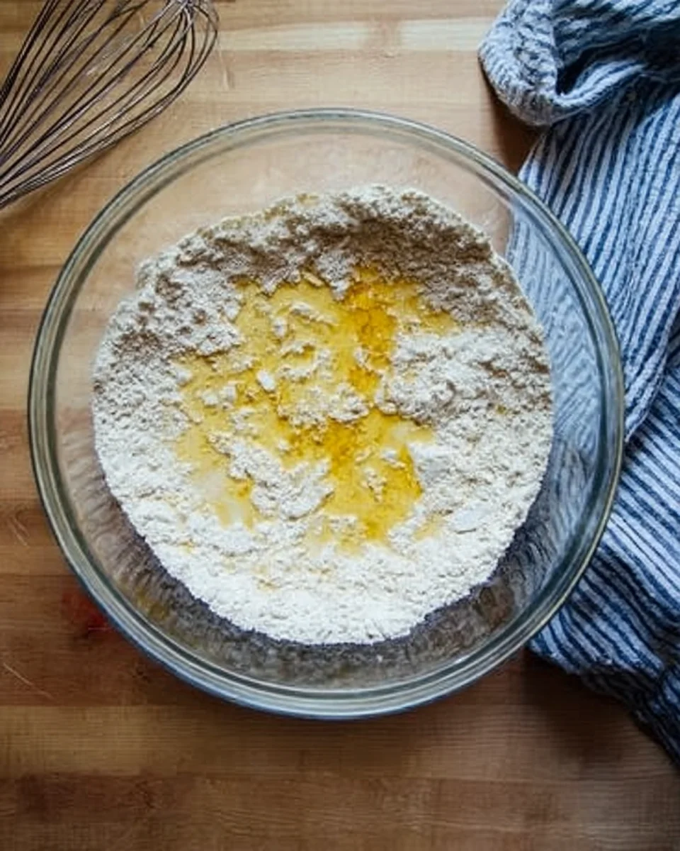 An overhead shot of a glass bowl with the wet ingredients added for the buttermilk pull-apart rolls. An overhead shot of a glass bowl with the wet ingredients added for the buttermilk pull-apart rolls.