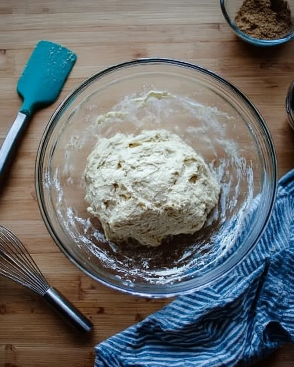 Just-mixed buttermilk pull-apart bread dough in a large glass bowl. Just-mixed buttermilk pull-apart bread dough in a large glass bowl.