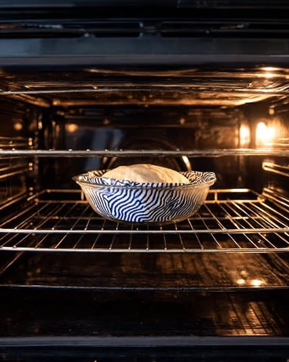 A bowl with rising dough in a warm oven. A bowl with rising dough in a warm oven.
