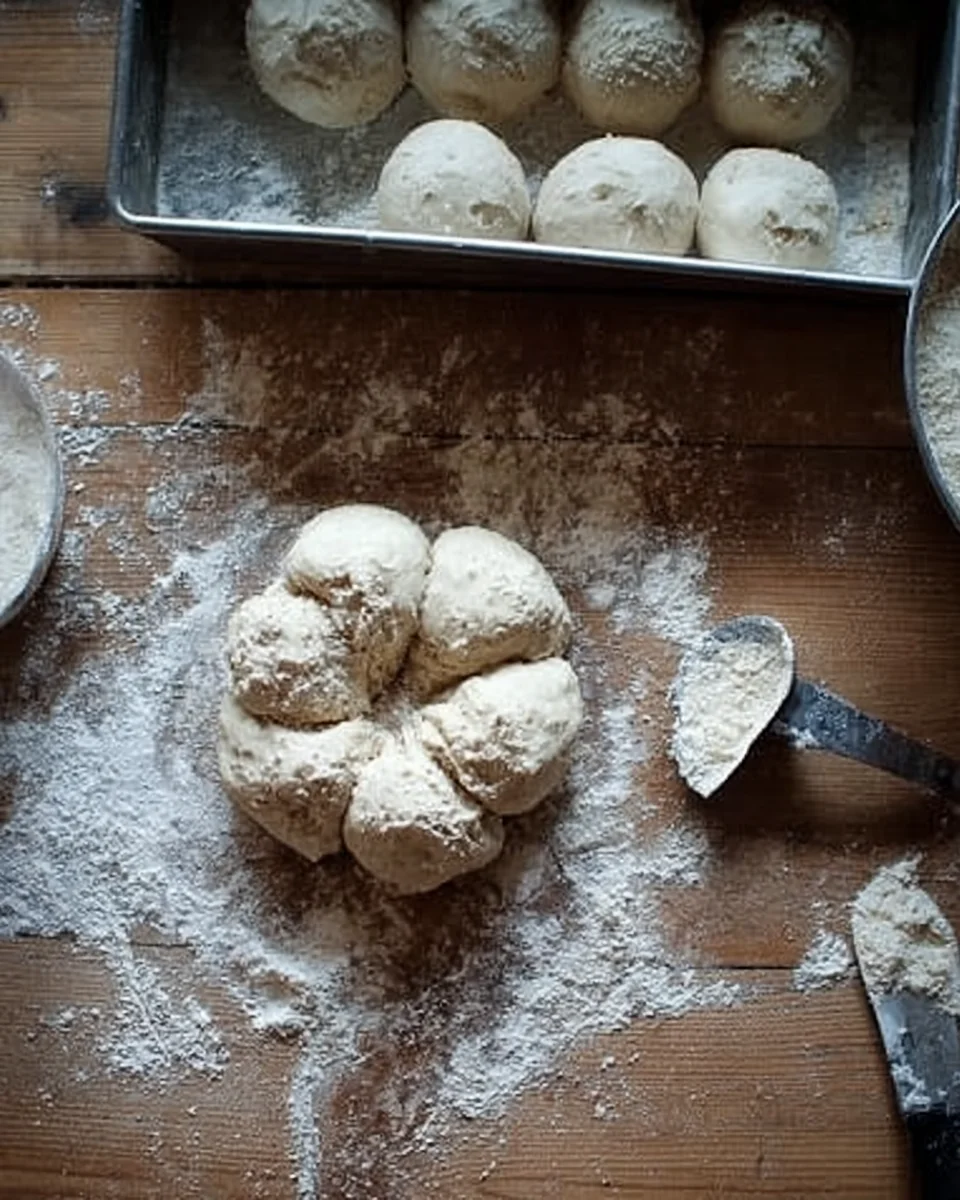 Buttermilk pull-apart dough divided into small portions. Buttermilk pull-apart dough divided into small portions.
