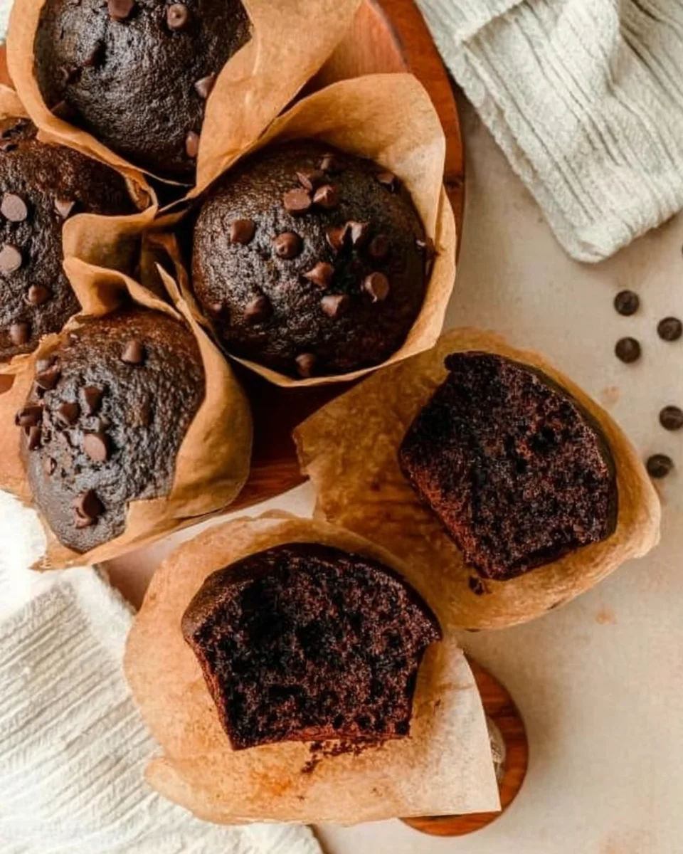 baked chocolate protein muffins topped with chocolate chips in parchment paper muffin liners.