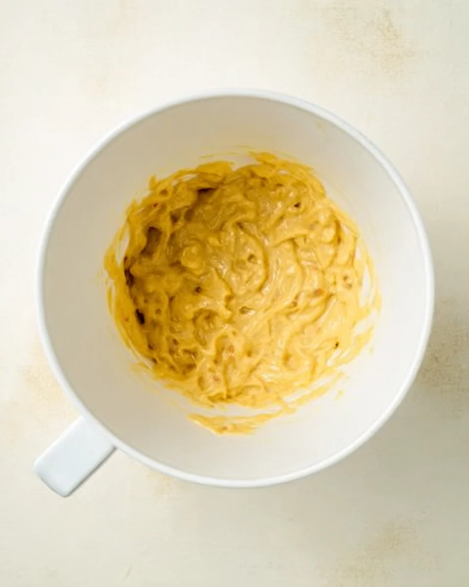 mashed ripe bananas in a white mixing bowl. 