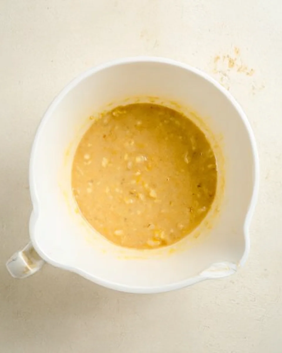 mashed bananas, sugar, and vanilla extract beat together in white mixing bowl. 