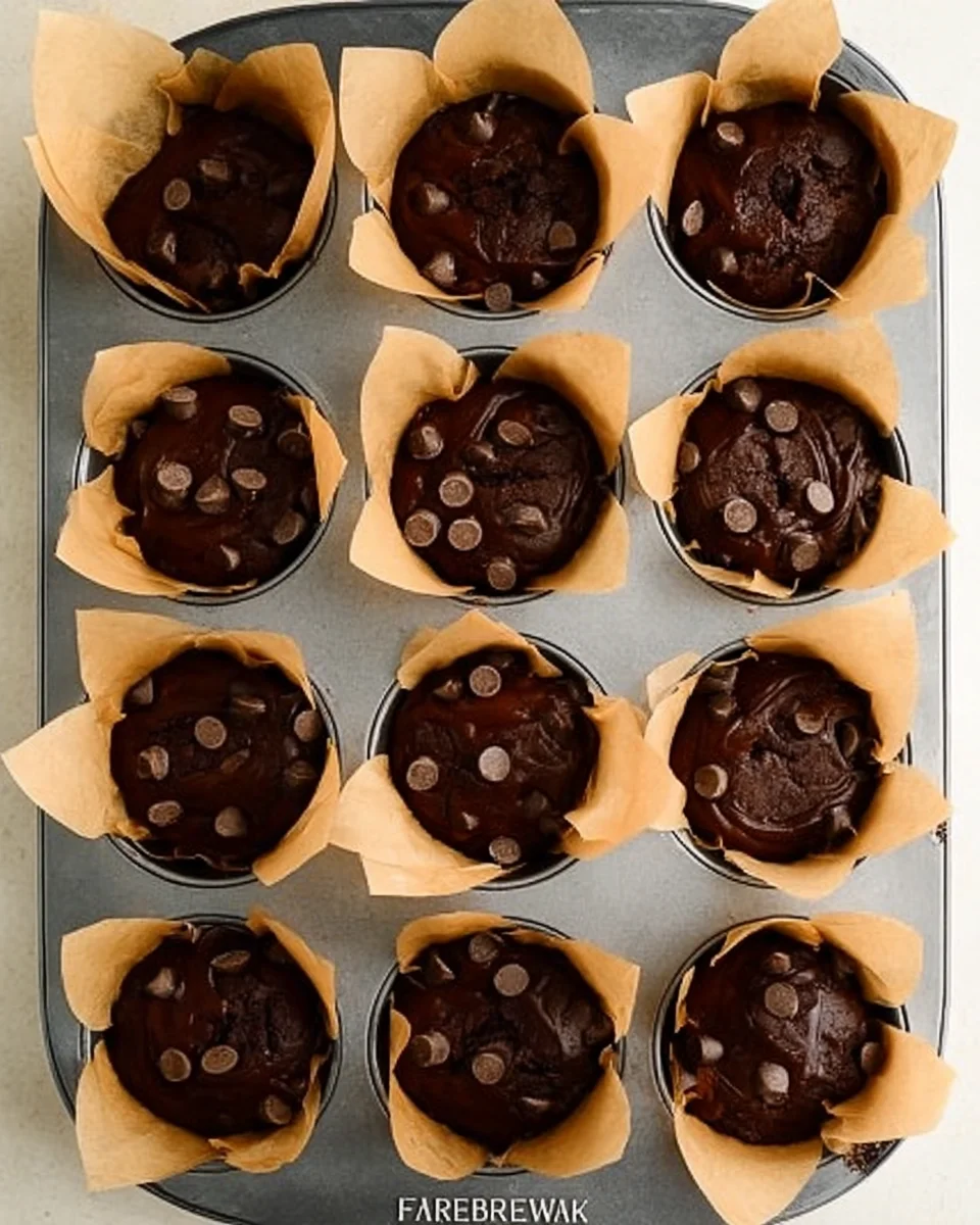12 not baked One Bowl Double Chocolate Banana Muffins in a muffin tin.