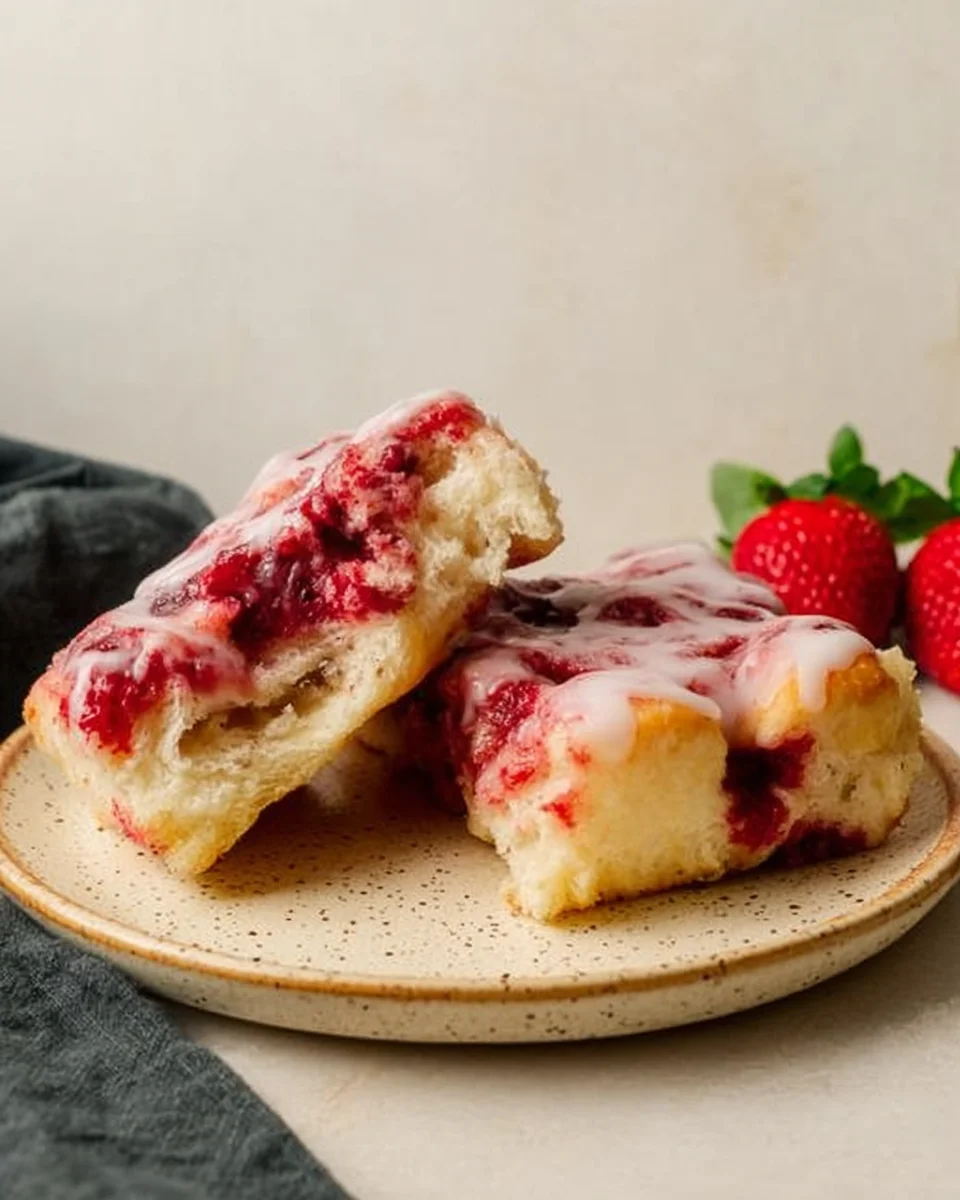 two slices of sweet focaccia with raspberry jam and powdered sugar glaze stacked on serving plate.