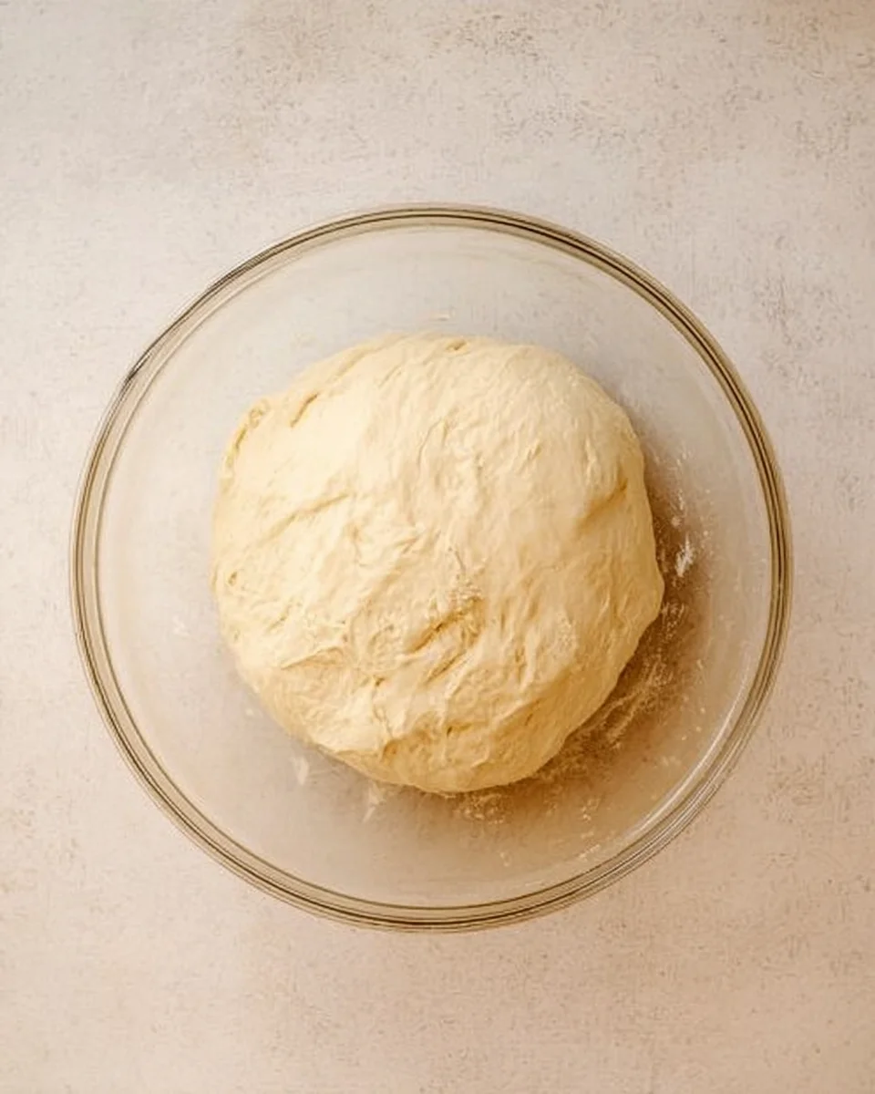 mixed focaccia dough in glass mixing bowl.