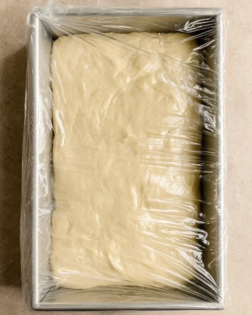 focaccia dough in silver rectangular baking pan covered in plastic wrap.