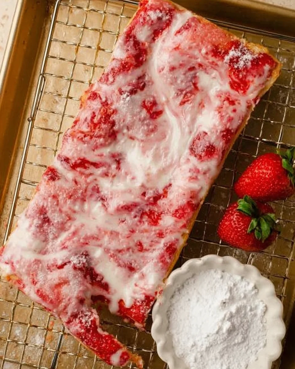 sweet focaccia spread with raspberry jam and powdered sugar glaze on wire rack.