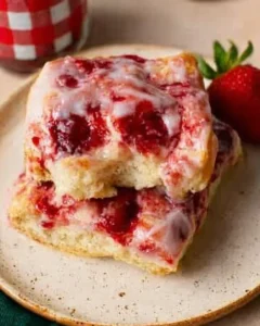 two slices of sweet focaccia with raspberry jam and powdered sugar glaze stacked on serving plate.