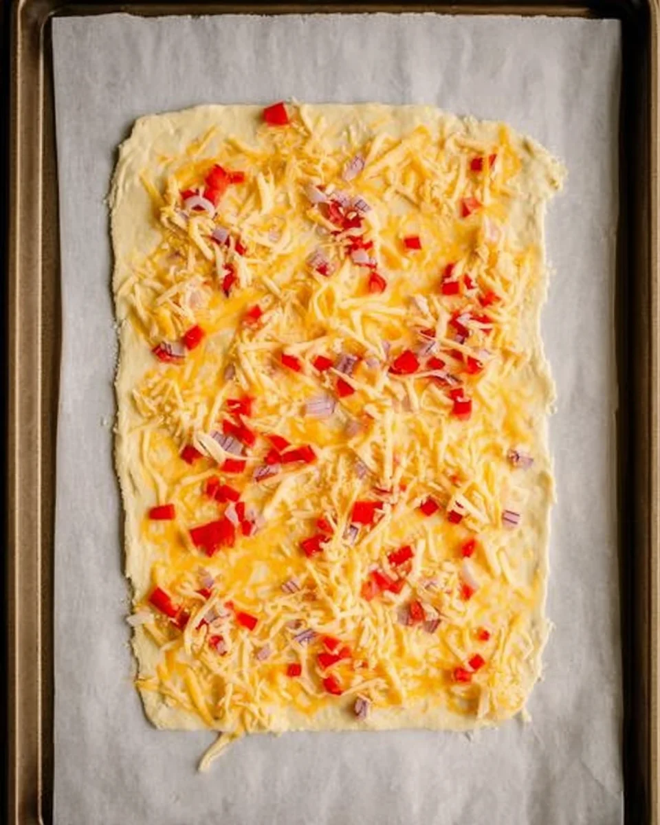 raw puff pastry tart on parchment lined baking sheet topped with cheese and bell pepper.