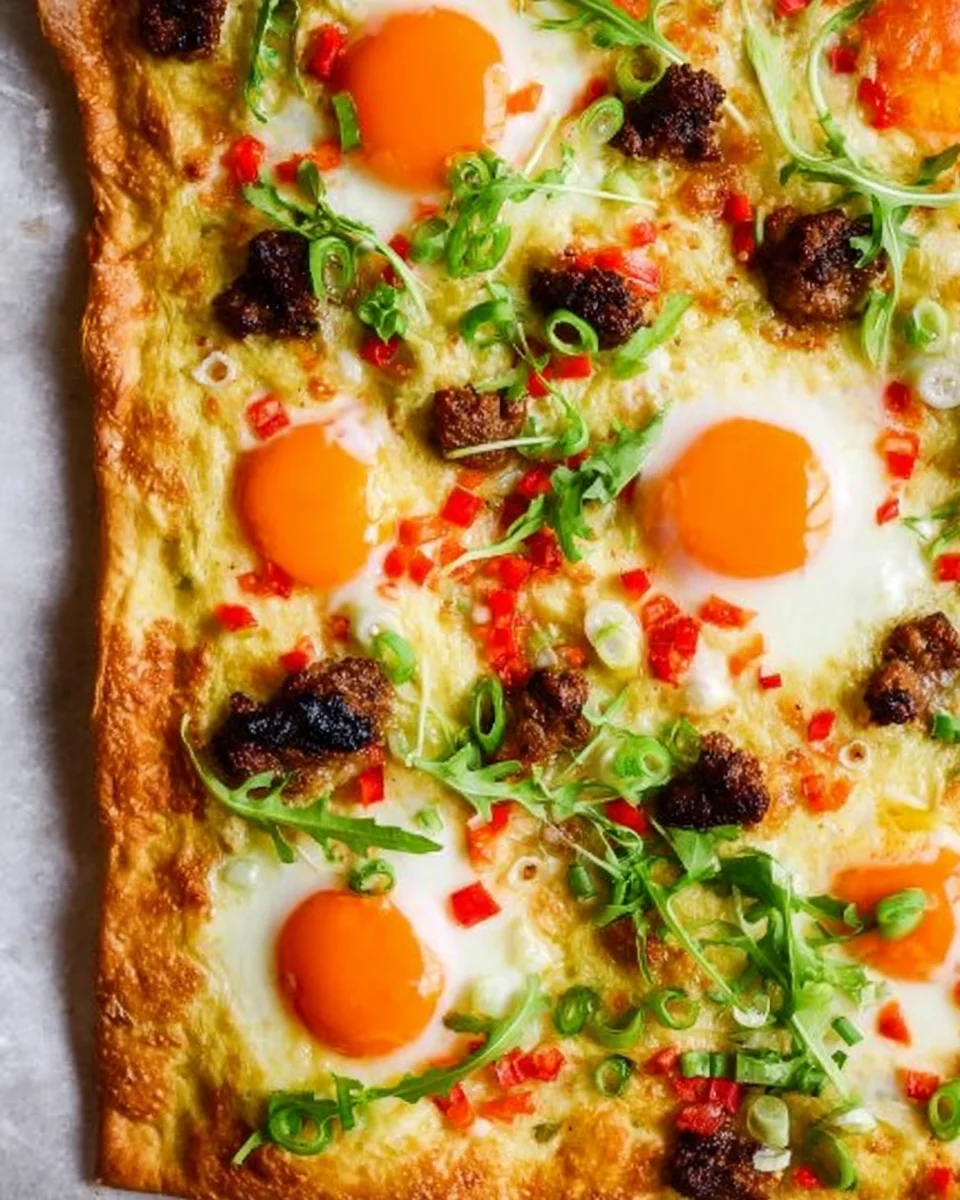 puff pastry breakfast tart topped with runny eggs, sausage, veggies and herbs.